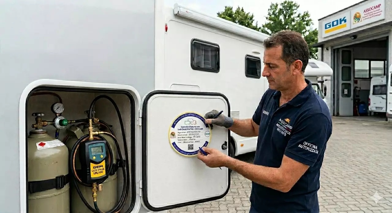 addetto alla meccatronica incolla il bollino controllo gas effettuato